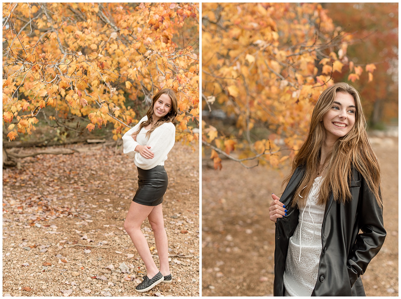 senior girl spokesmodel with ivory top and black miniskirt with left shoulder toward camera smiling by bright golden fall tree