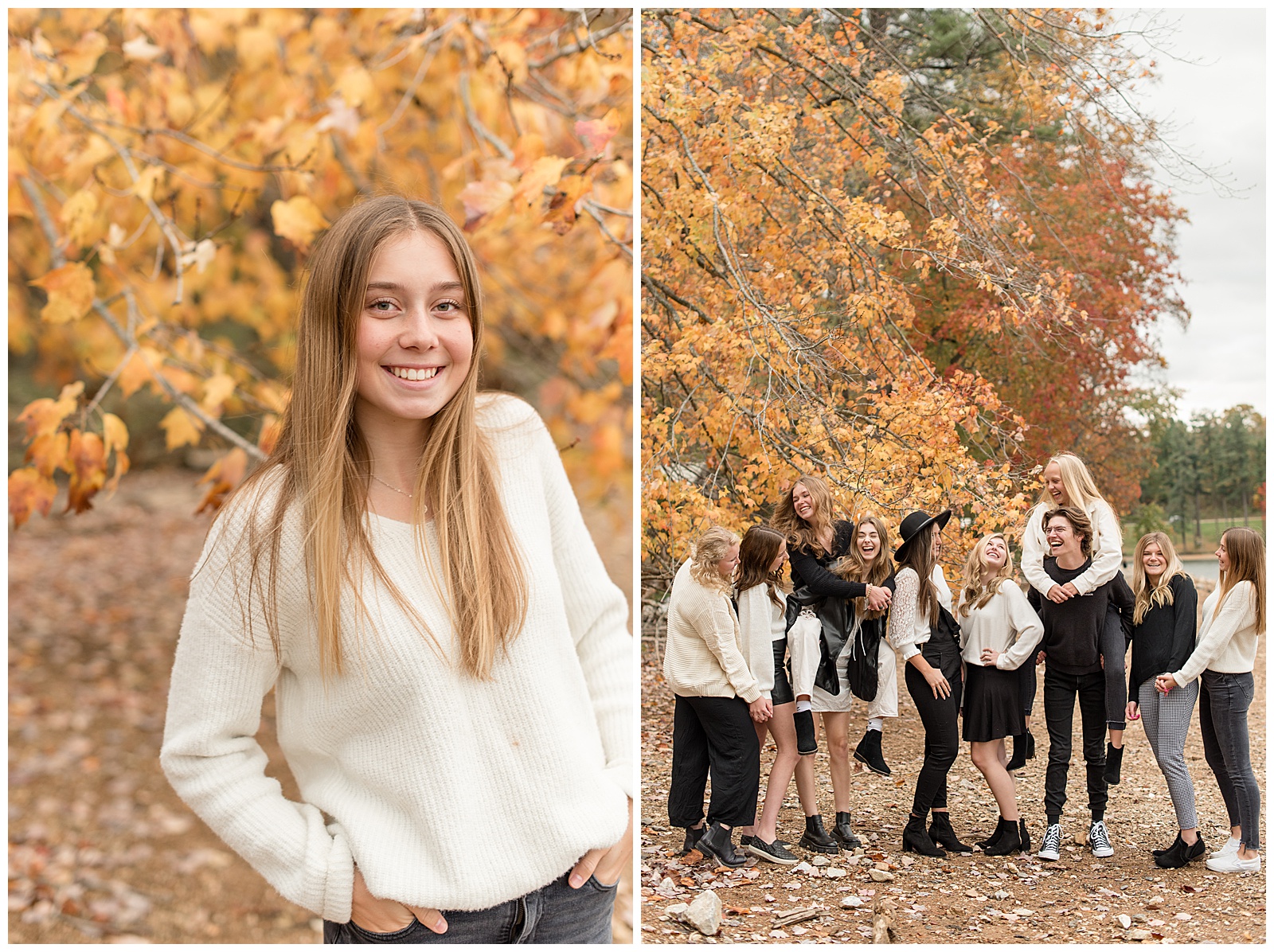 senior girl spokesmodel with ivory sweater and black pants with hands in pockets leaning right by colorful fall tree at park