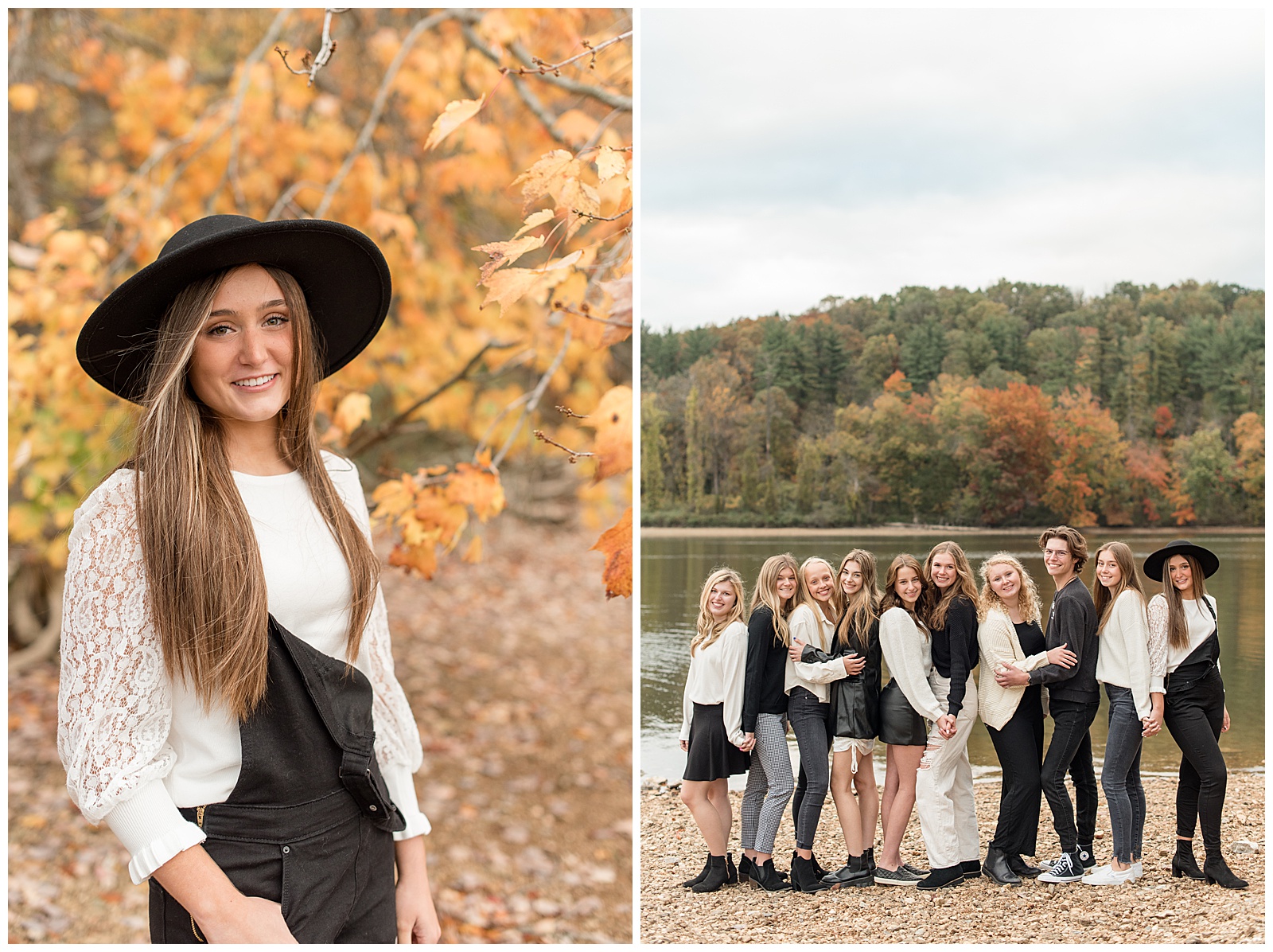 senior girl spokesmodel wearing ivory shirt with black overalls and black trendy hat smiling at camera with colorful fall tree behind her
