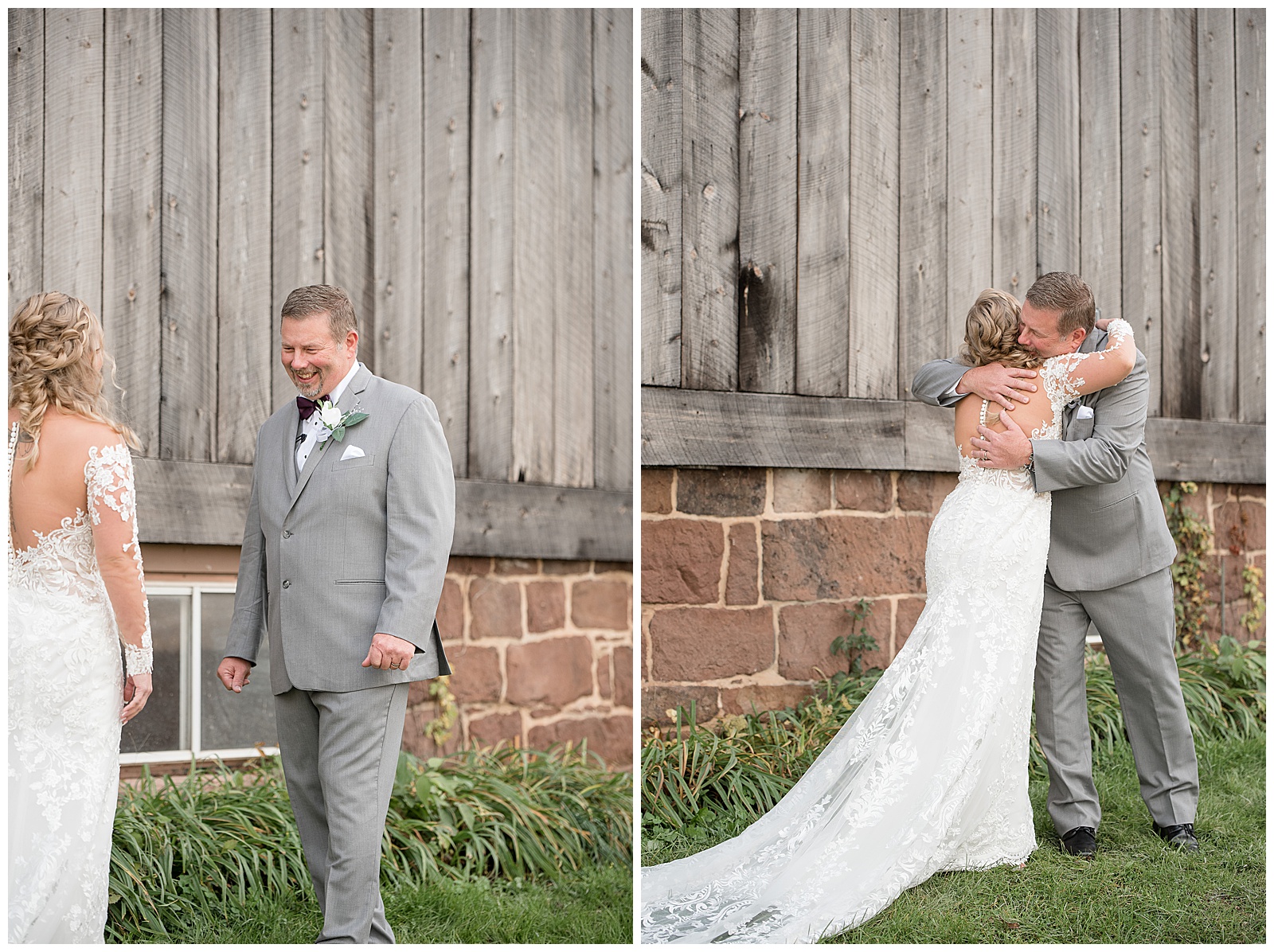 bride sharing a first look moment with her dad and hugging him by rustic gray barn