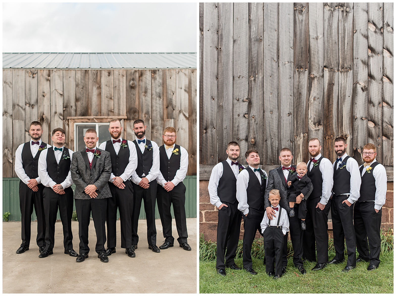 groom with his two sons surrounded by five groomsmen by rustic gray barn