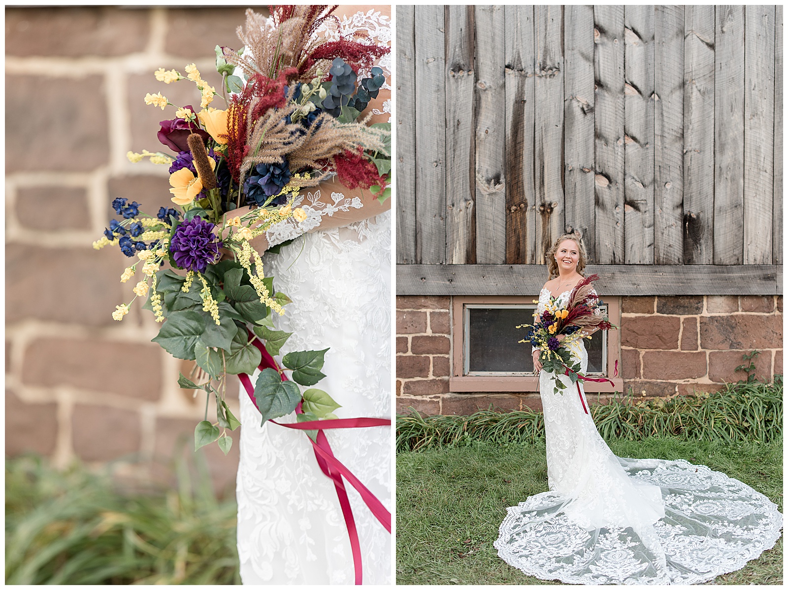gorgeous fall bridal bouquet with a rainbow of fall colors by rustic barn on cloudy day