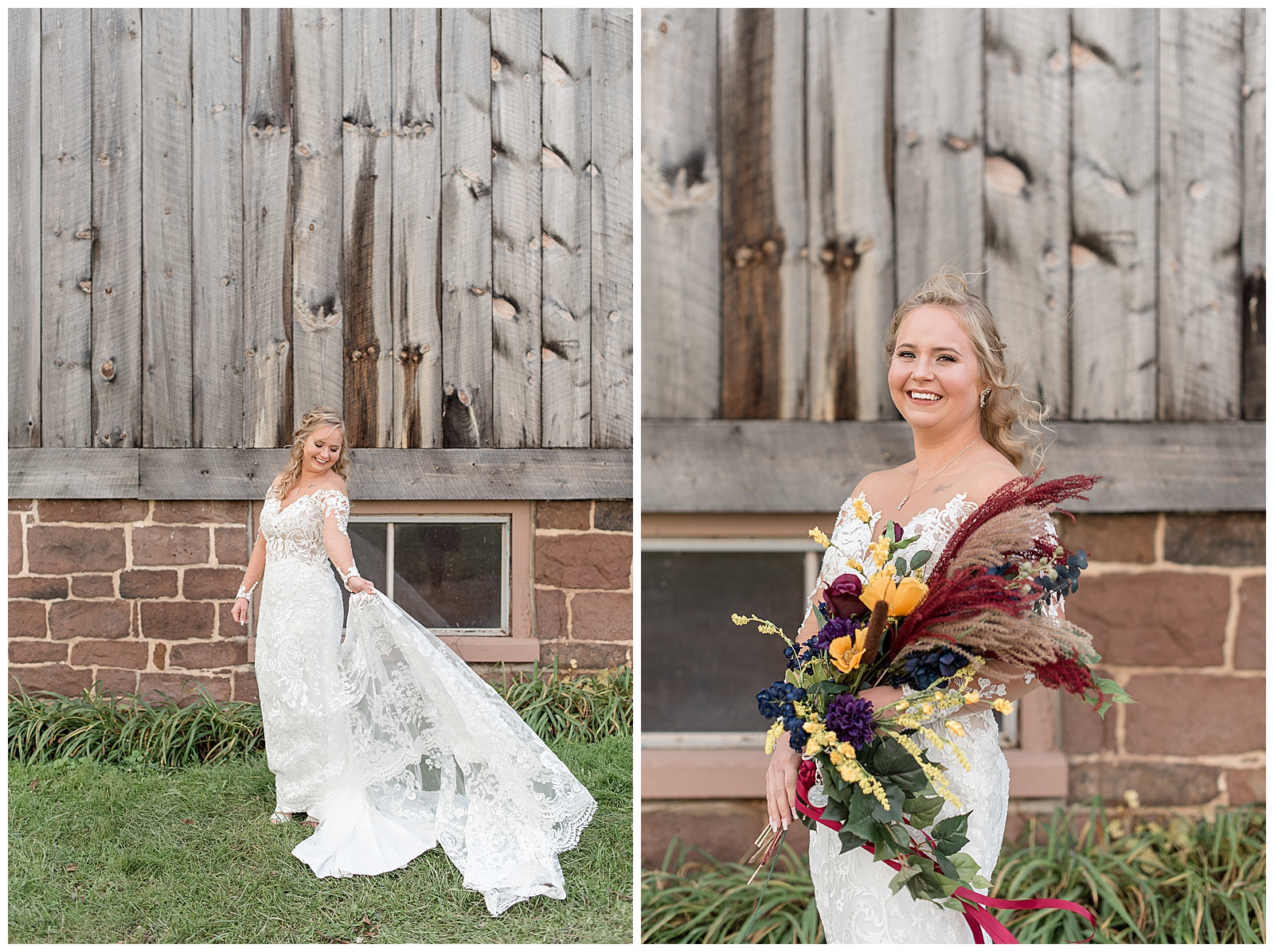 bride holding her dress with left hand and fan the train of the dress behind her near rustic barn