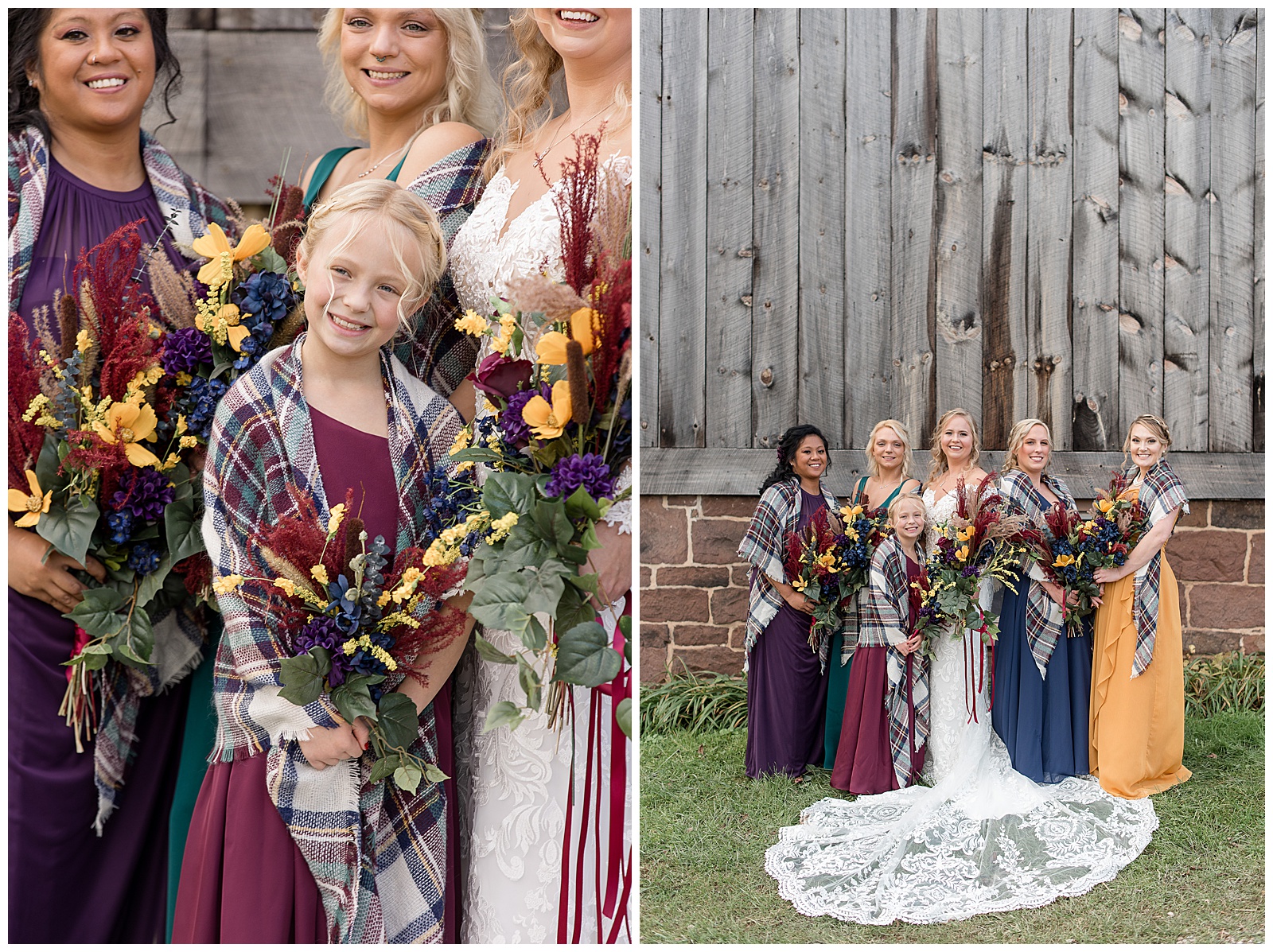 close up photo of bride's daughter smiling at camera with bride and bridesmaids behind her also smiling