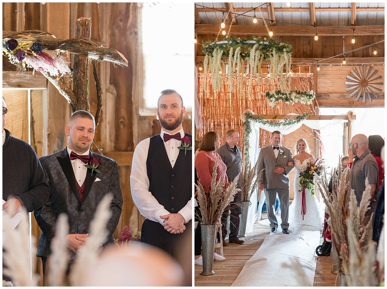 groom watching his bride come down the aisle with her father as he smiles inside barn wedding ceremony