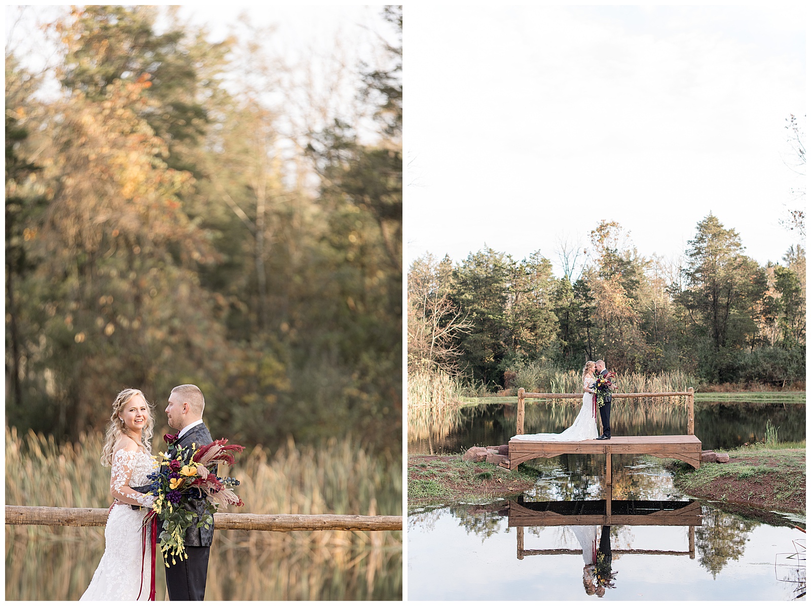 bride and groom standing on wooden dock over pond on cloudy fall day in pennsylvania