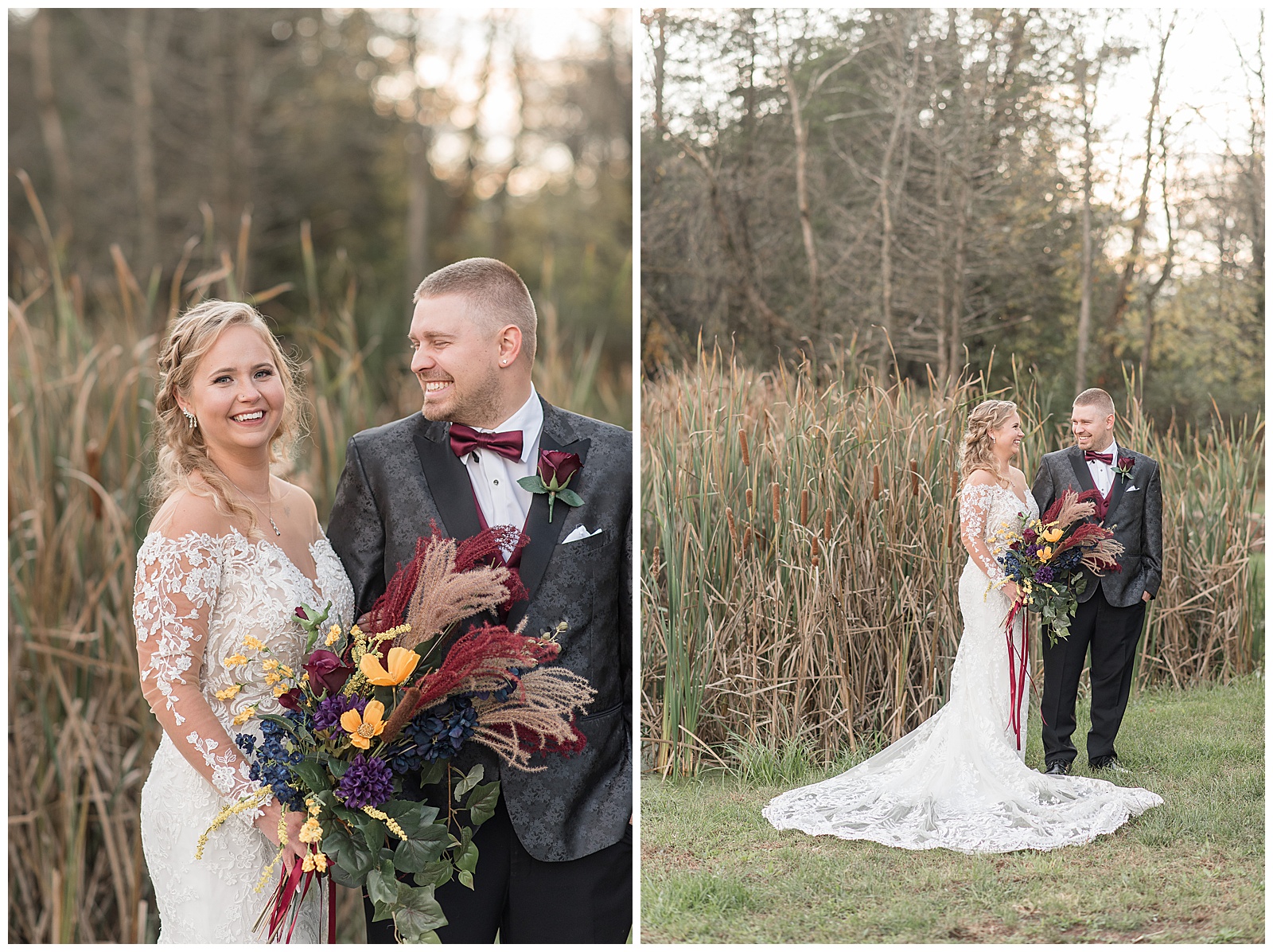 bride holding bouquet and smiling at camera as groom smiles and looks at her on cloudy fall day by corn field