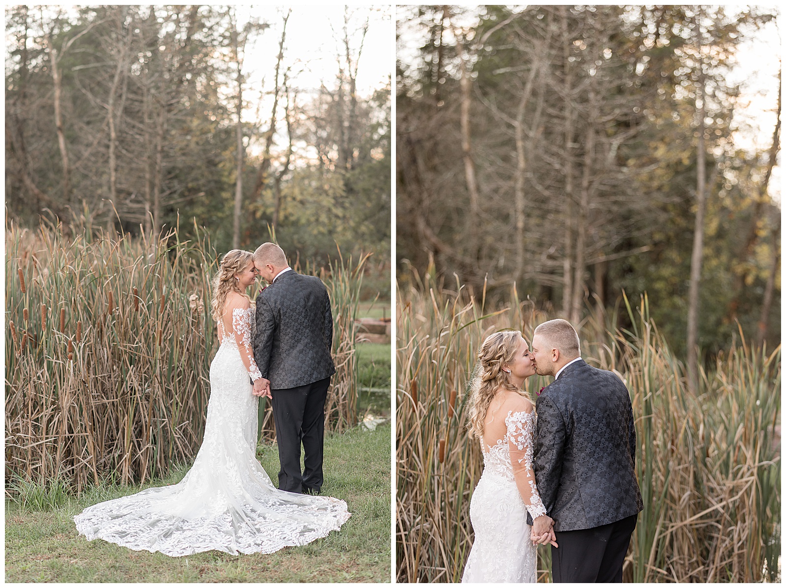 backs of bride and groom toward camera as they kiss by corn field on fall day in pennsylvania