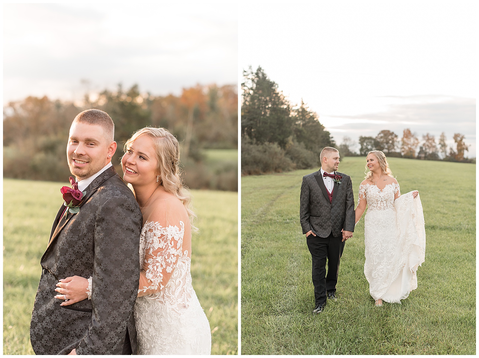 bride hugging her groom from behind as they both smile and he looks at camera on fall day