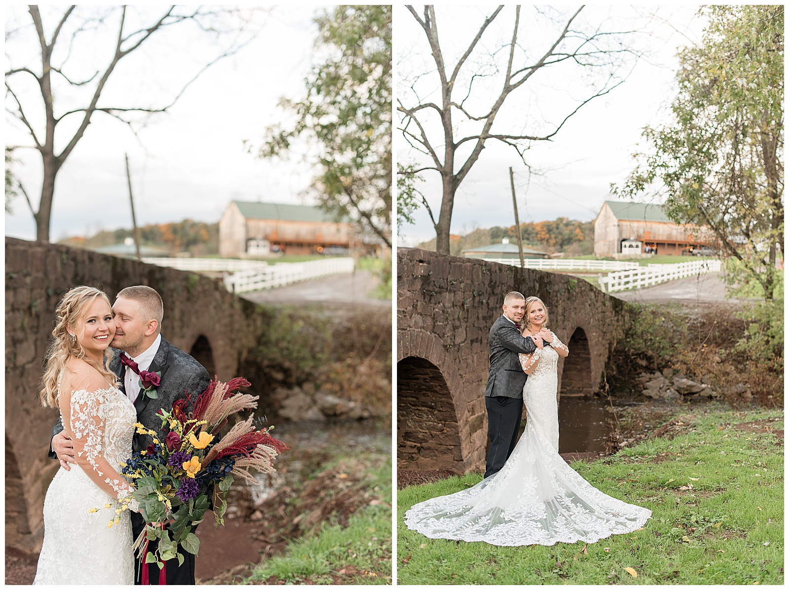 groom hugging his bride with her dress displayed on grass by old bridge on cloudy fall day