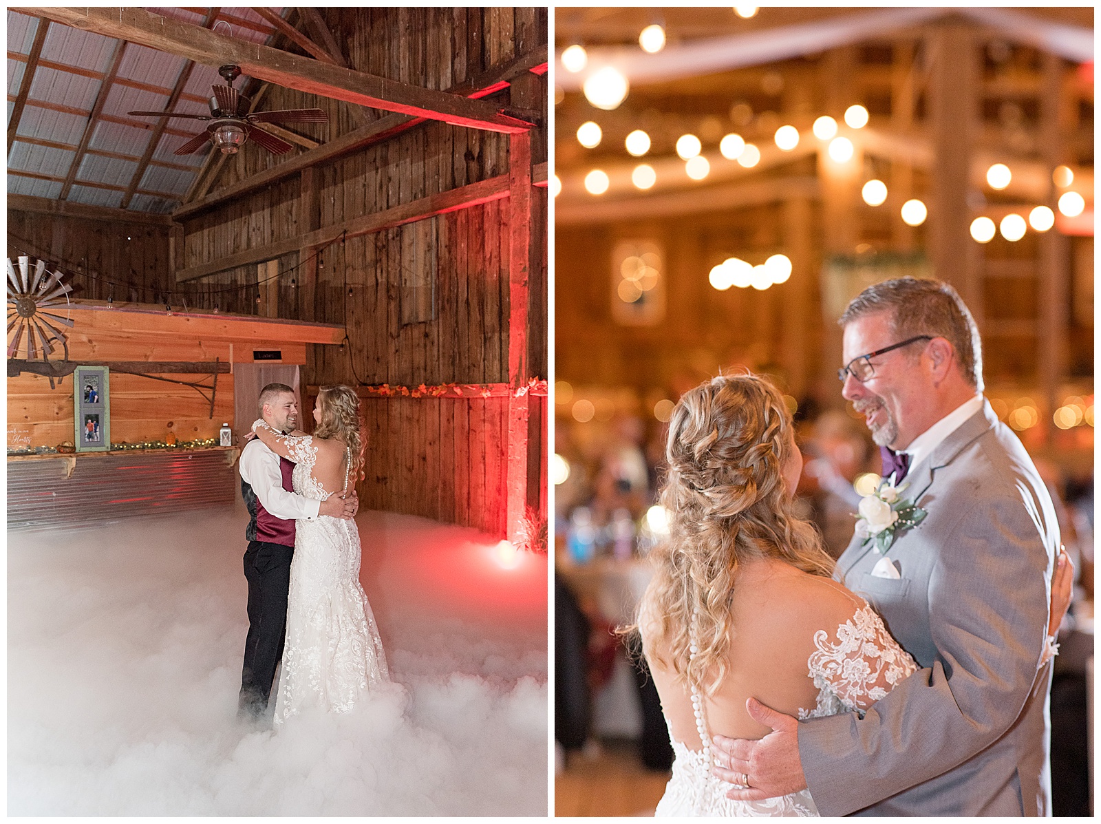 bride and groom sharing their first dance at barn wedding reception with smoke at their feet