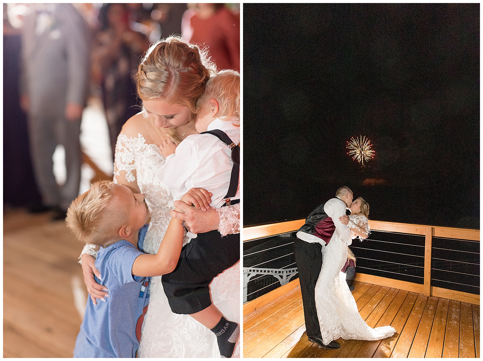 bride dancing with her boys during barn wedding reception on fall day