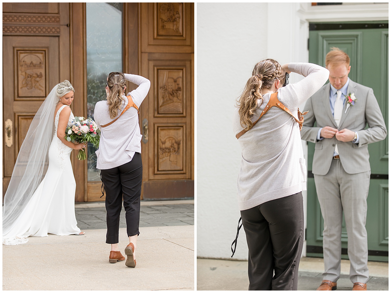 back of photographer as she is snapping photos of bride wearing long white veil and white gown by large wooden church doors
