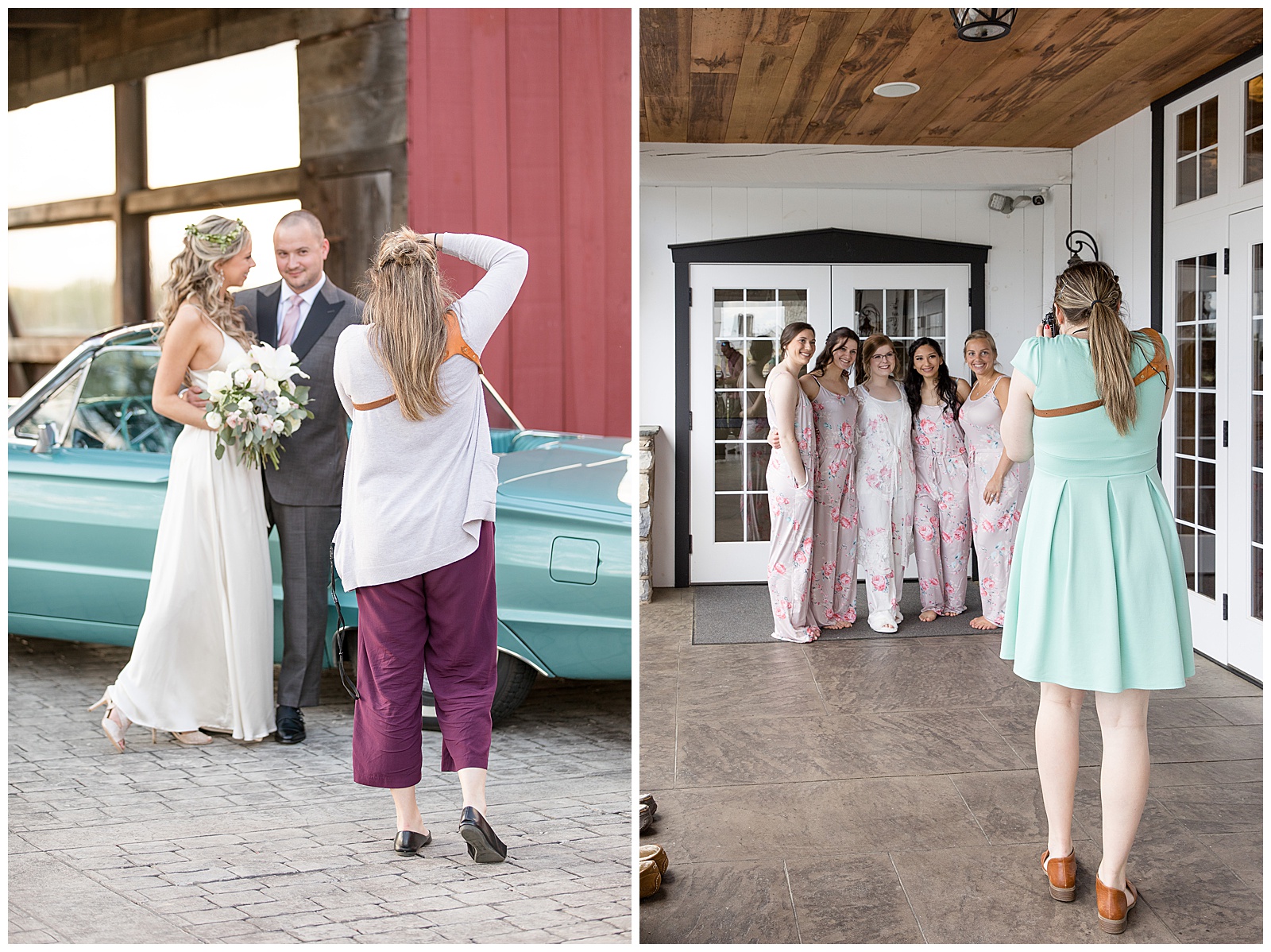 back of photographer as she snaps photos of bride with her bridesmaids on porch of barn property in pennsylvania before wedding ceremony