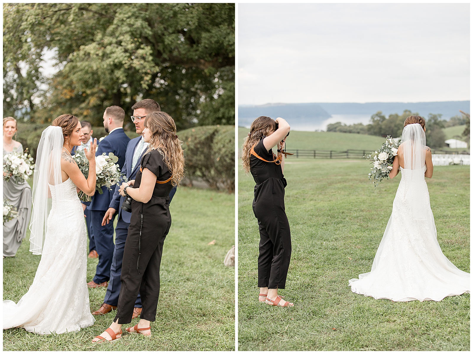 photographer wearing black romper photographs back of bride with her white dress train displayed on grass on sunny day