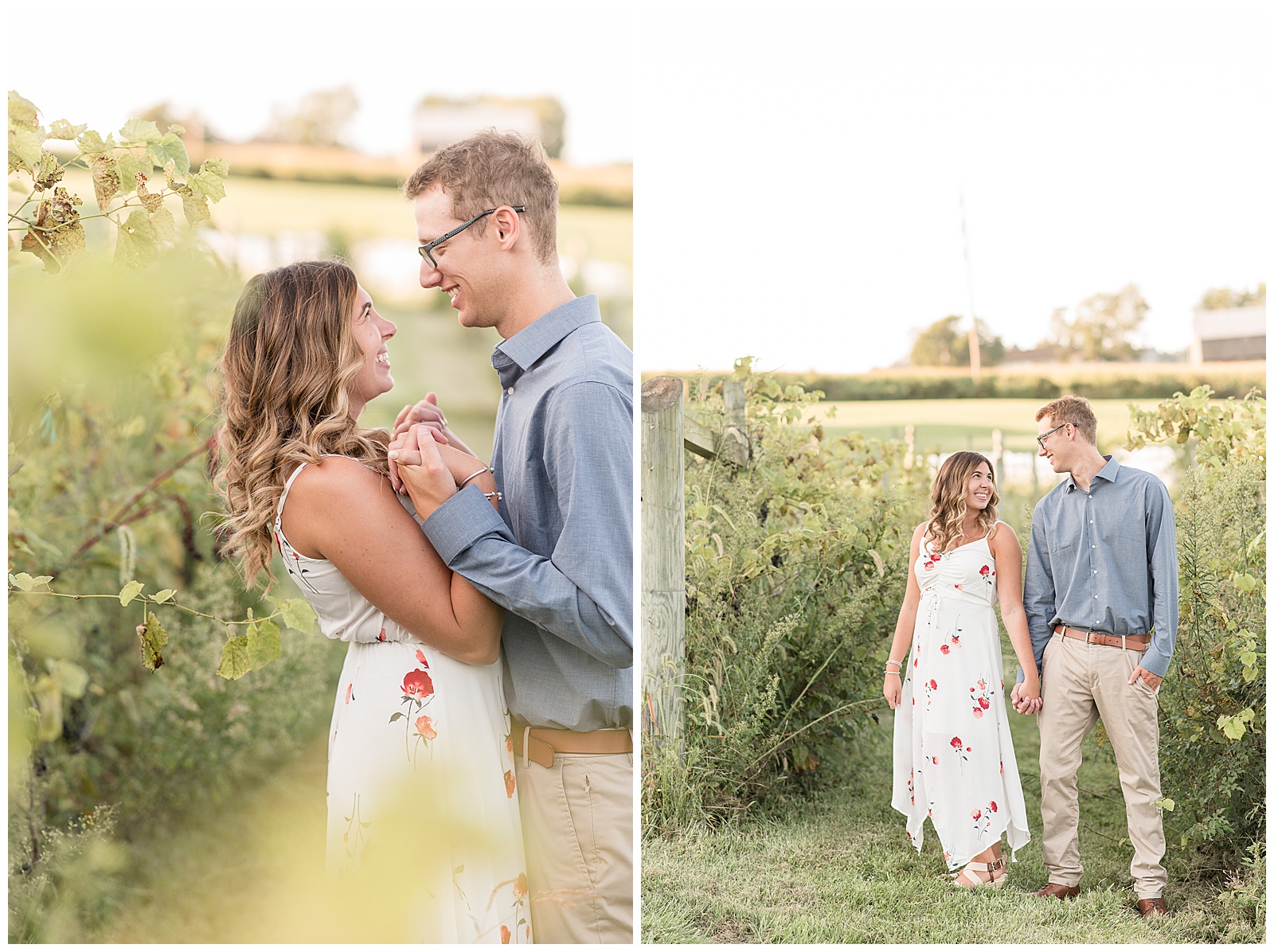 engaged couple standing close holding their hands together in between them as woman leans back slightly among tall wild grasses on sunny evening in pennsylvania