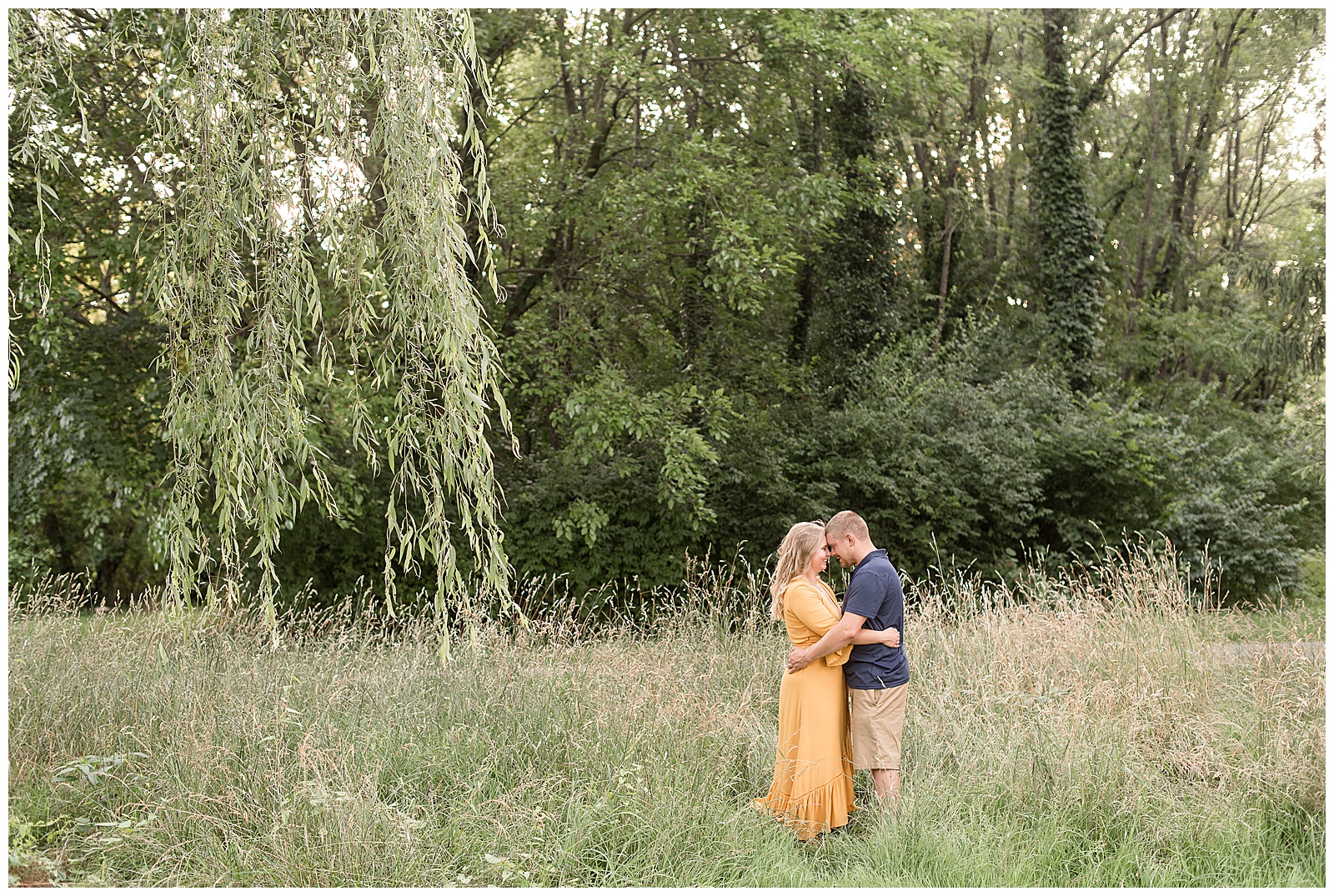 engaged couple hugging and touching foreheads together among tall wild grasses and willow tree at manheim township park in lancaster pennsylvania