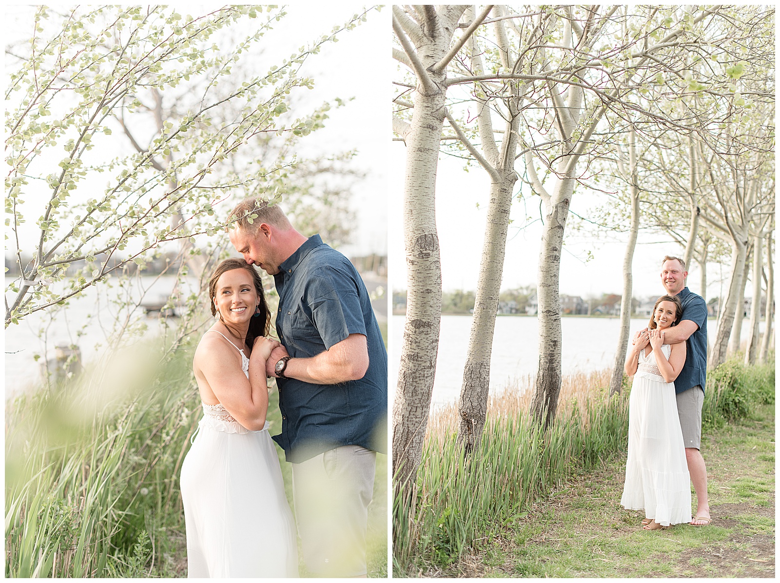engaged couple standing by wild grasses along bay holding hands as man kisses the top of woman's head and she smiles