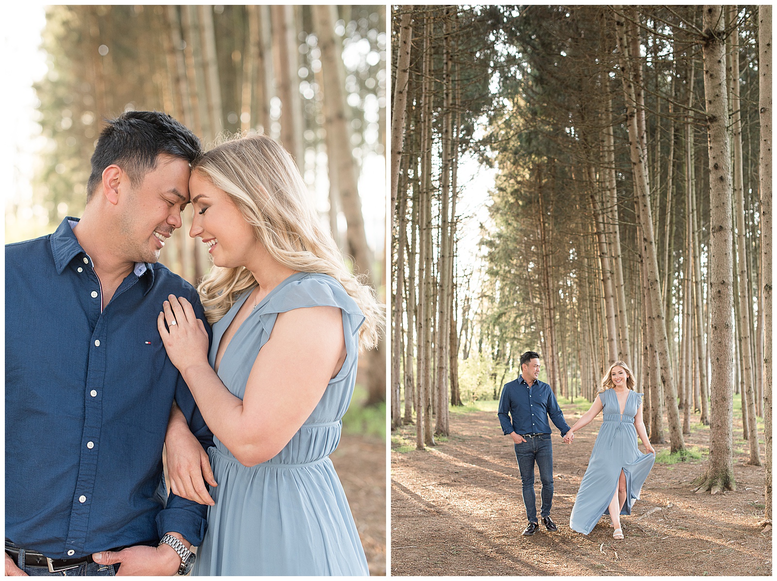 engaged couple holding hands and walking toward camera in between rows of evergreen trees on sunny evening