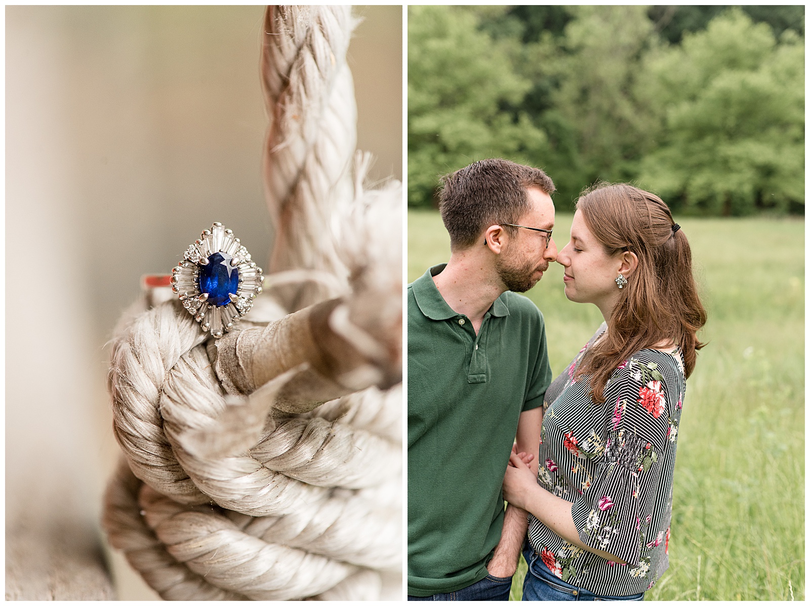 blue sapphire engagement surrounded by diamonds resting atop knotted rope