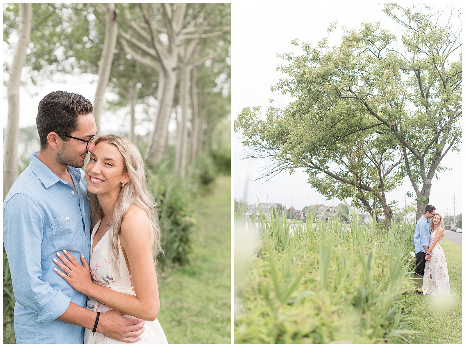 engaged couple standing along bay by tall wild grasses and trees as they hug and smile on sunny evening