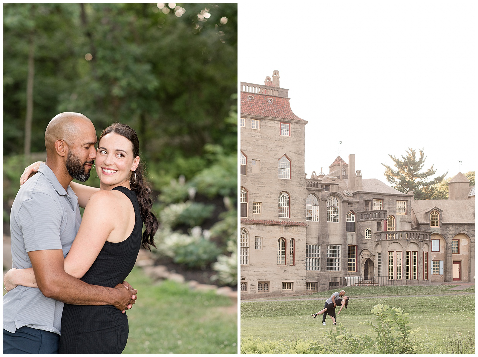 guy dipping back girl in field in front of huge stone mansion in pennsylvania on sunny evening