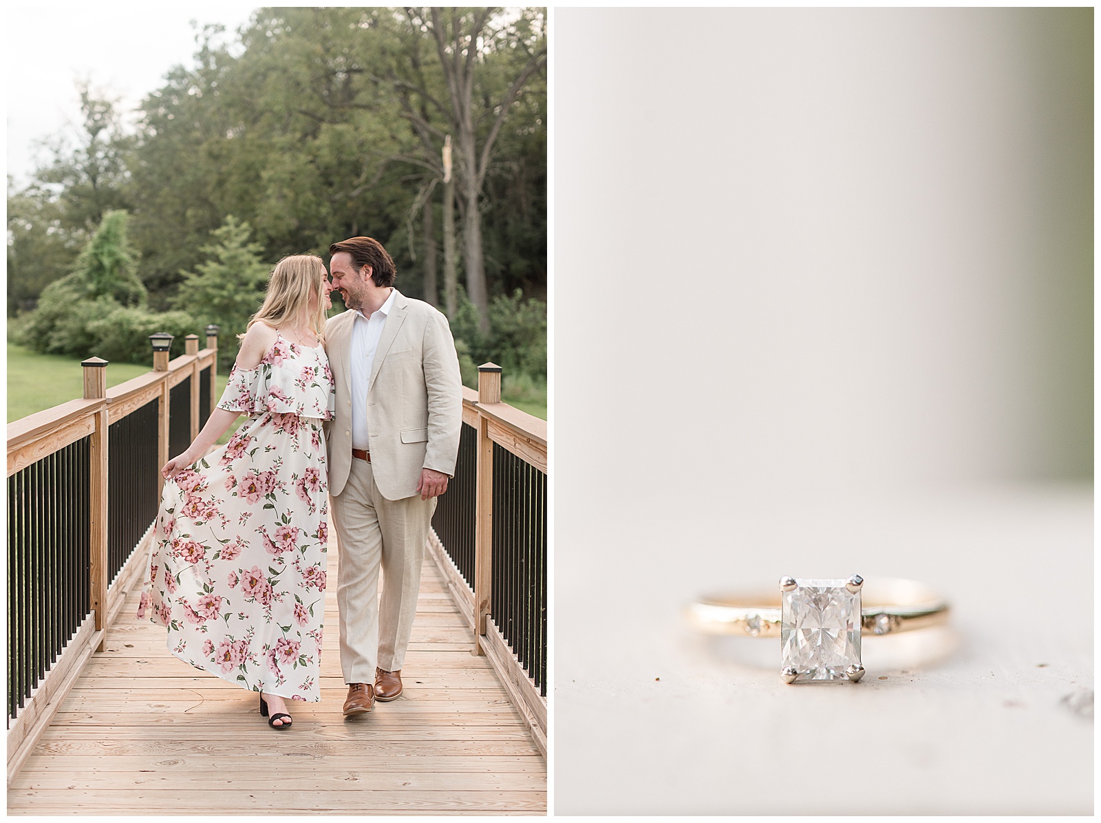 engaged couple kissing and walking along dock towards camera as she holds out her dress with right hand