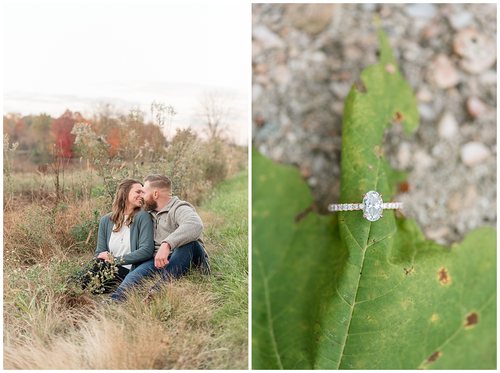 engaged couple sitting among wild grasses and almost kissing with fall trees behind them