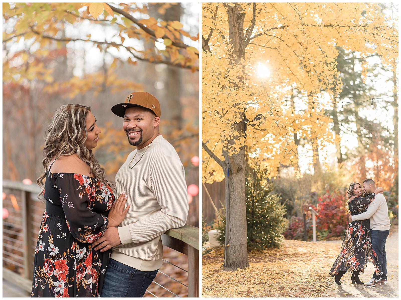 guy leaning against wooden fence and smiling at camera as woman leans in looking at him with her hands on his chest on fall day
