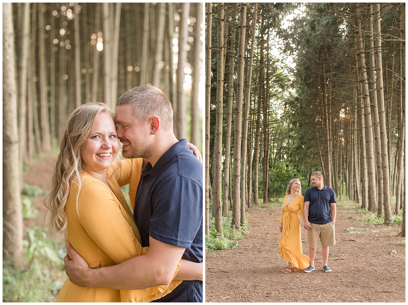 engaged couple holding hands and looking at each other as they smile in between grove of evergreen trees on sunny evening