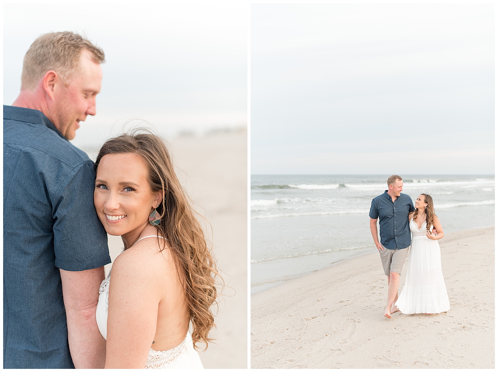 engaged couple walking along the shoreline by atlantic ocean as they look at each other smiling on sunny evening