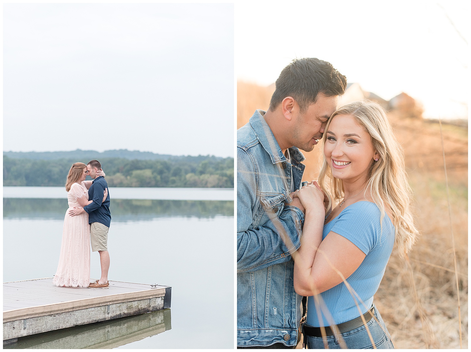 engaged couple hugging and resting their foreheads together as they stand at edge of dock by beautiful lake