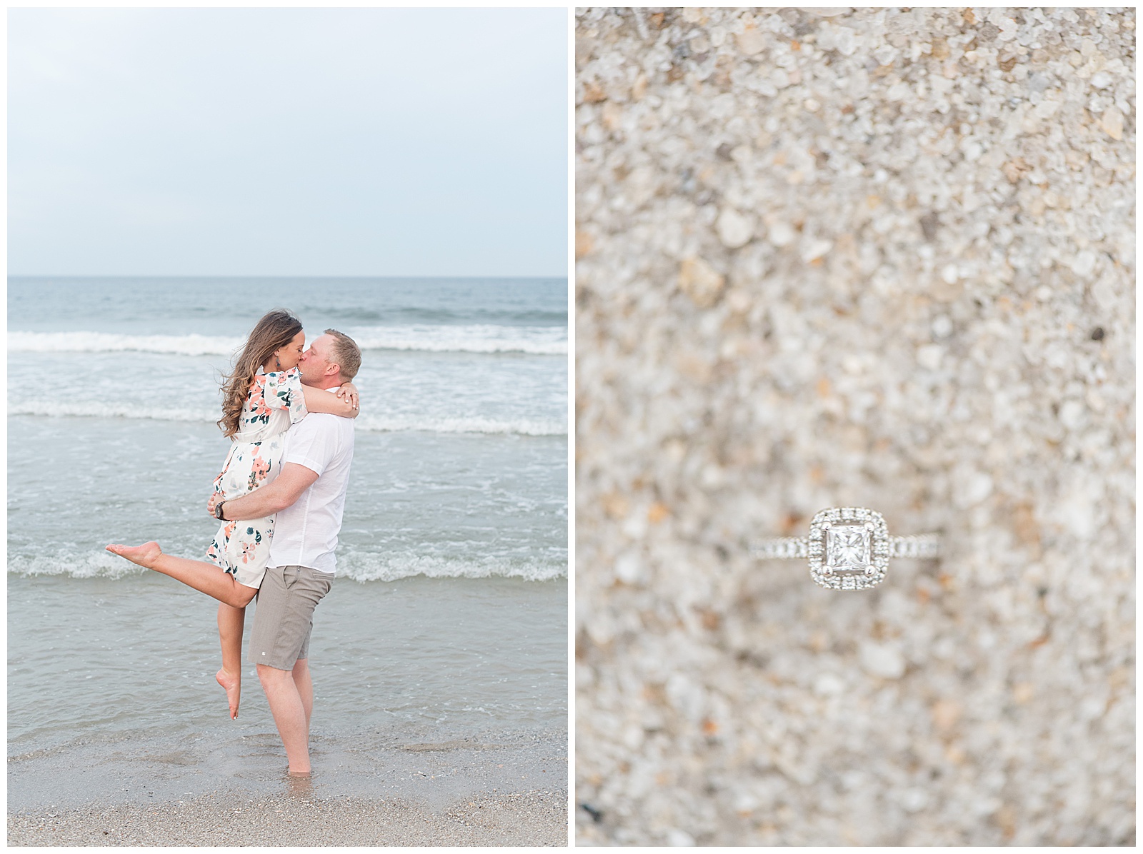 guy lifting girl as they kiss and she kicks up her right heel as he stands along the shore of the atlantic ocean in new jersey