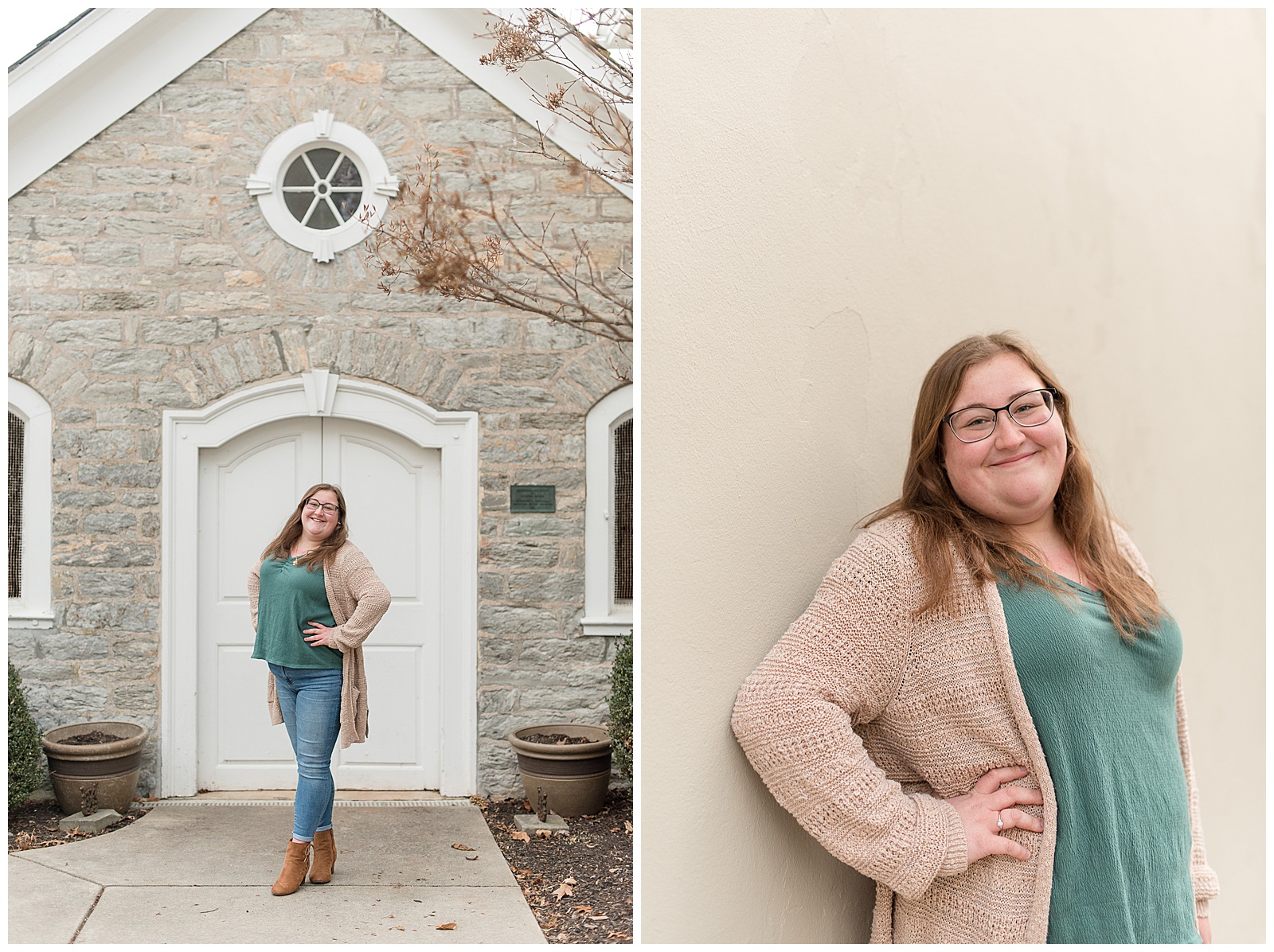 senior girl posing for camera in front of stone building with white door wearing teal shirt with tan sweater and blue jeans on december day