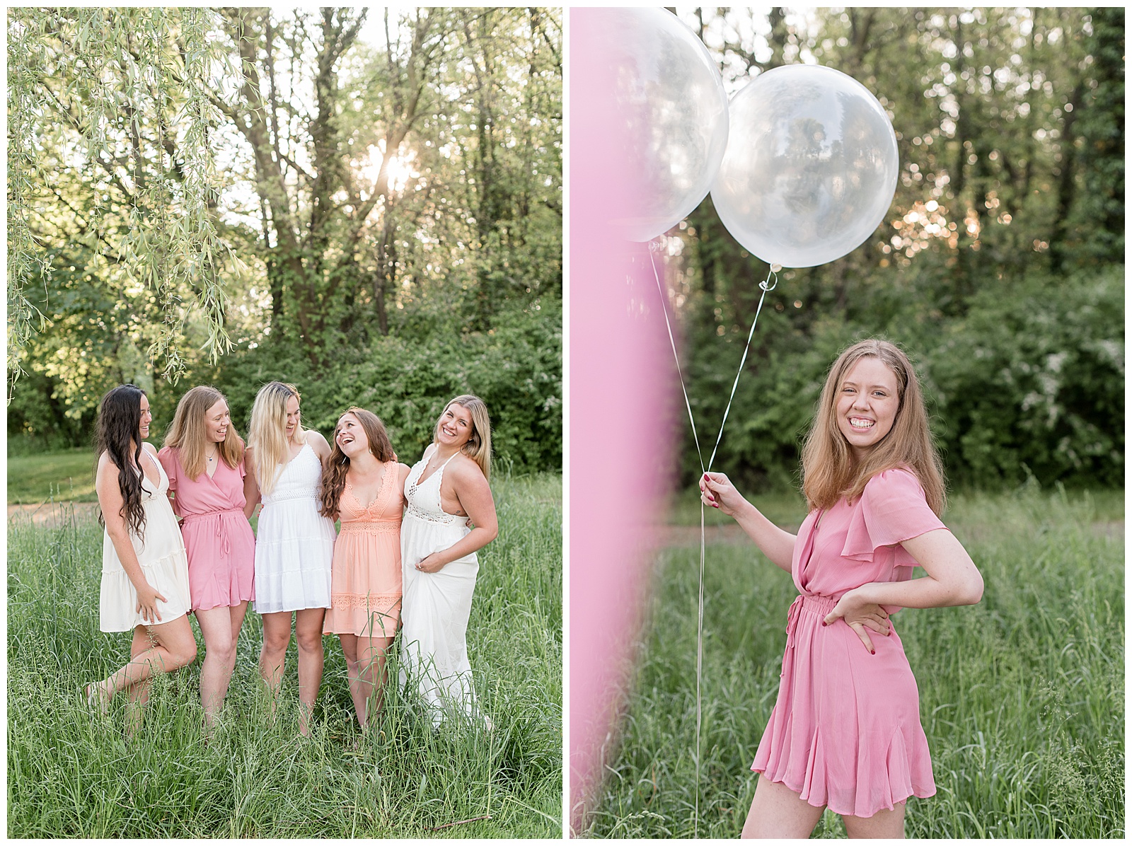 group of senior girls with their arms all around one another looking at each other smiling wearing a variety of pink and white dresses at lancaster county park