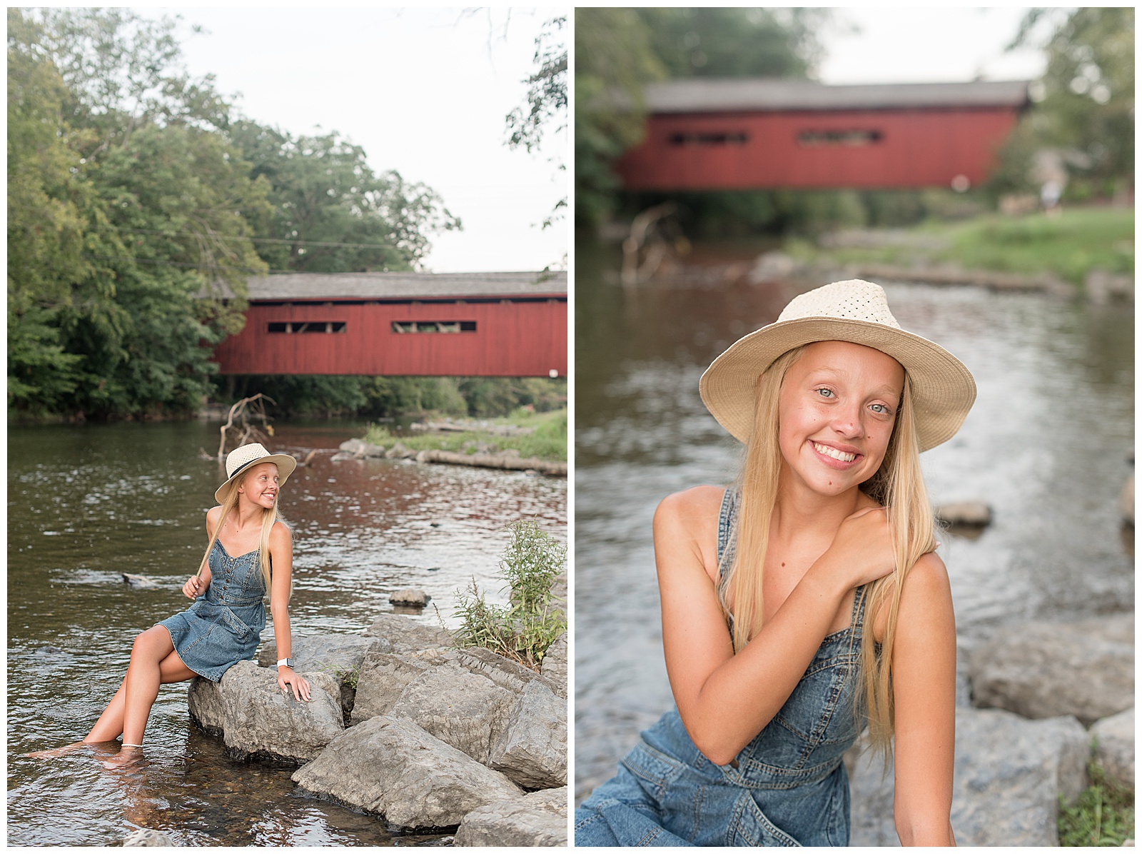 senior girl wearing trendy had and blue jean dress sitting on large rocks by red covered bridge at messiah university in pennsylvania