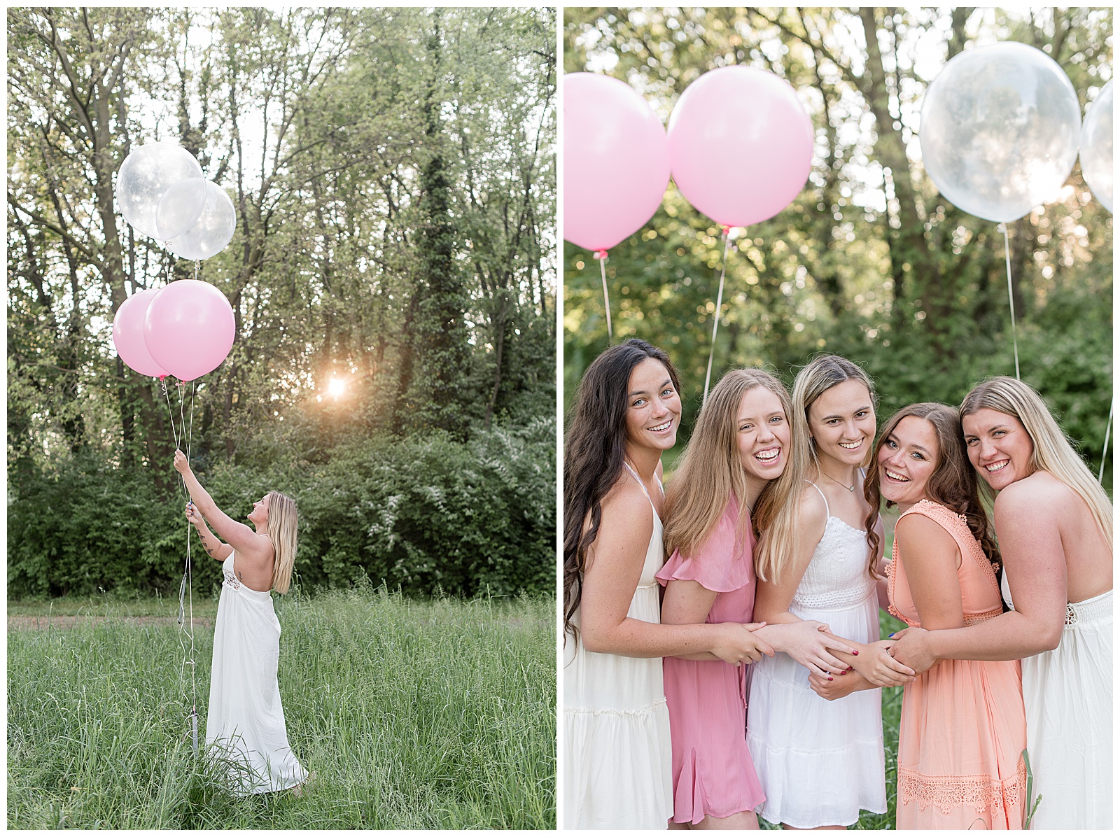 group of senior girls wearing colorful pastel and white dresses huddled together smiling and holding extra large pink and white balloons by trees