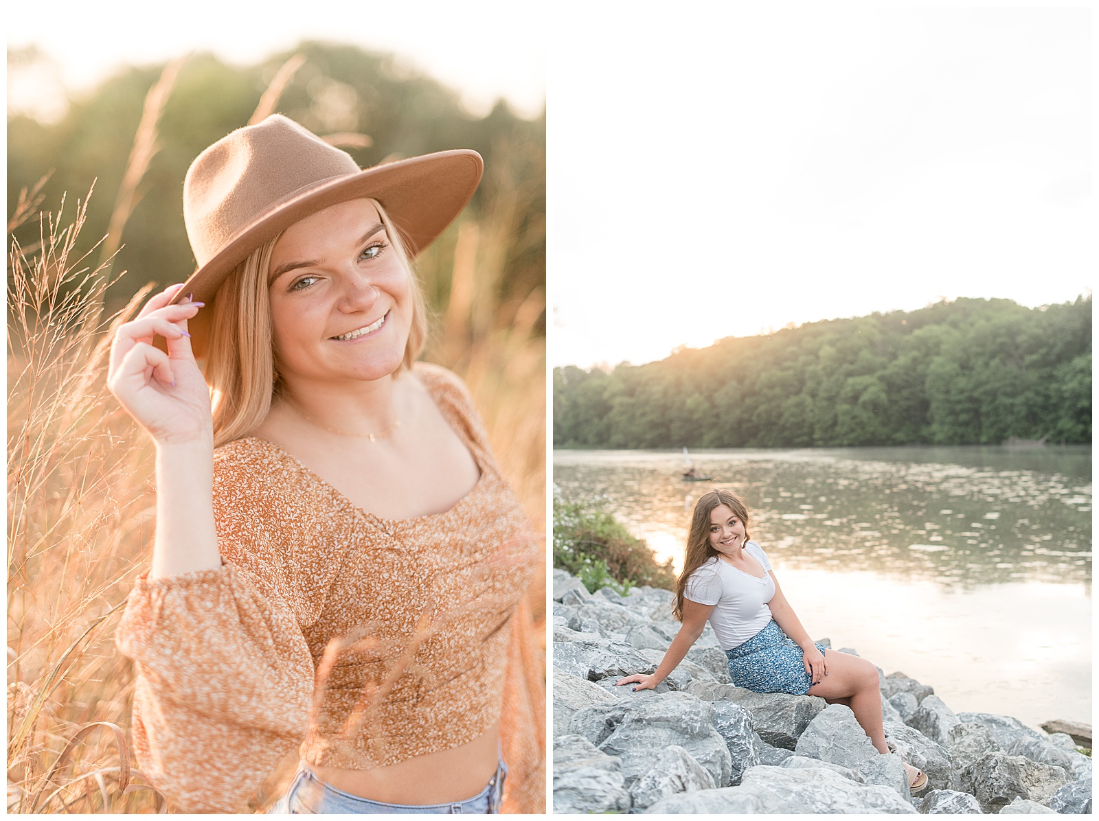 senior girl tipping her trendy tan hat with her right hand smiling at camera wearing tan shirt and blue jeans on sunny evening