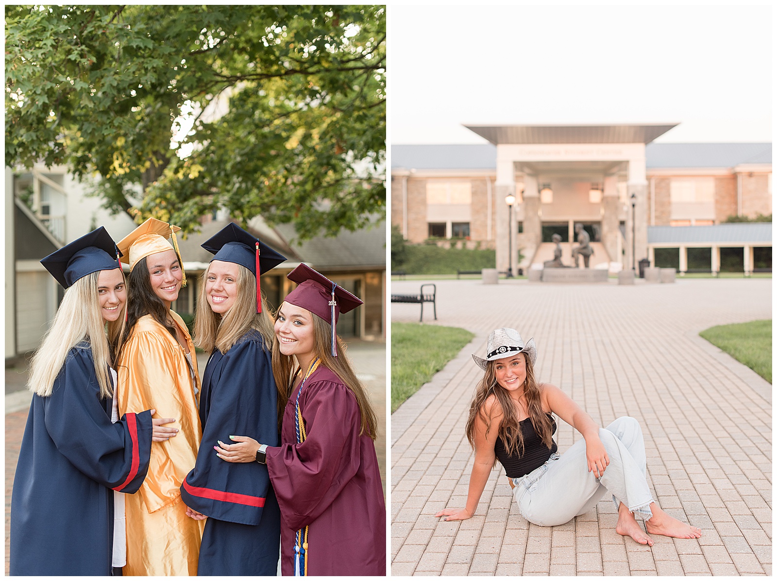 group of senior girls wearing their colorful graduation caps and gowns and standing close with their arms around one another under tree