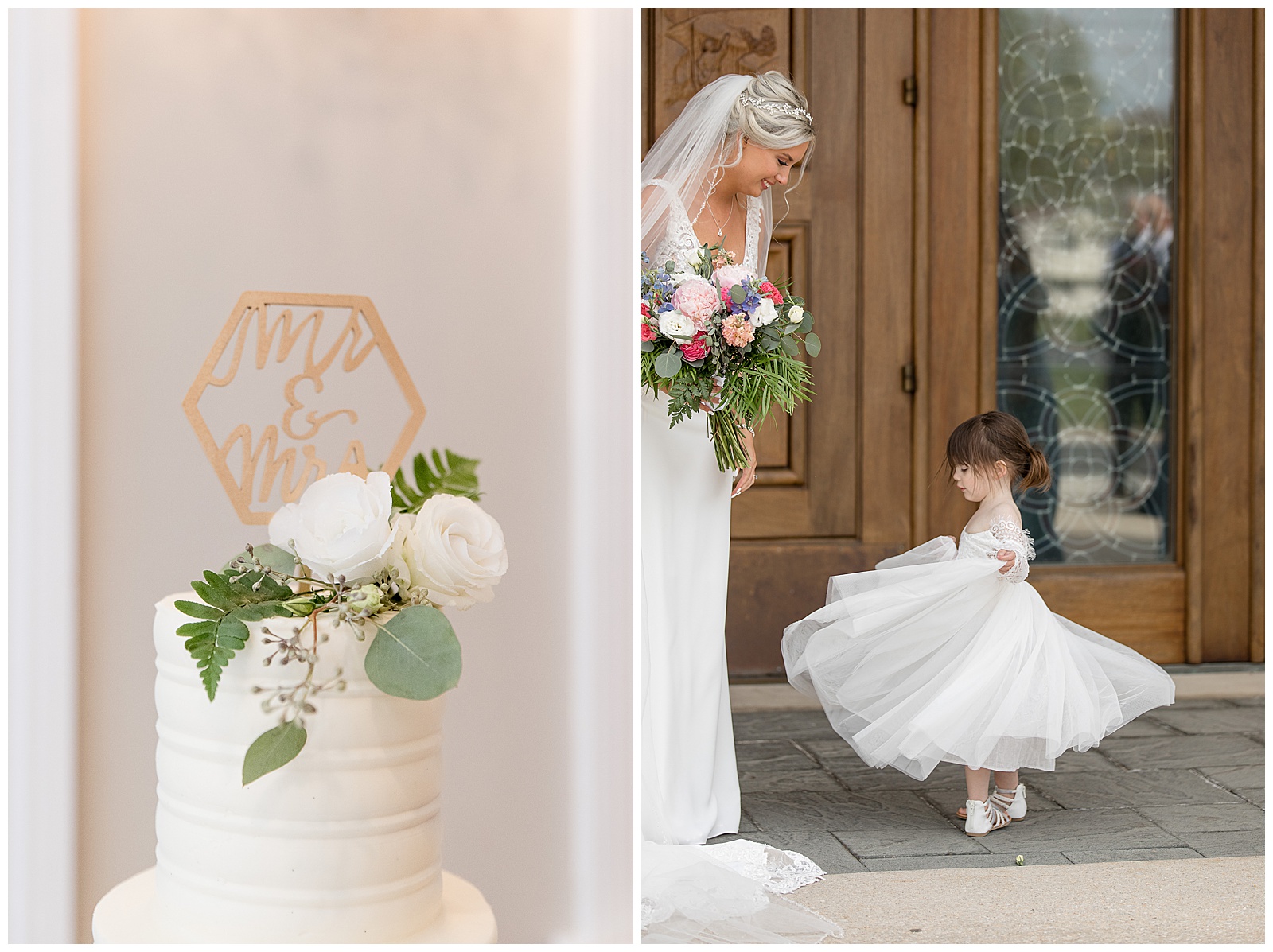 bride holding colorful floral bouquet and looking down at adorable flower girl who is spinning to make her dress flare out by wooden church door