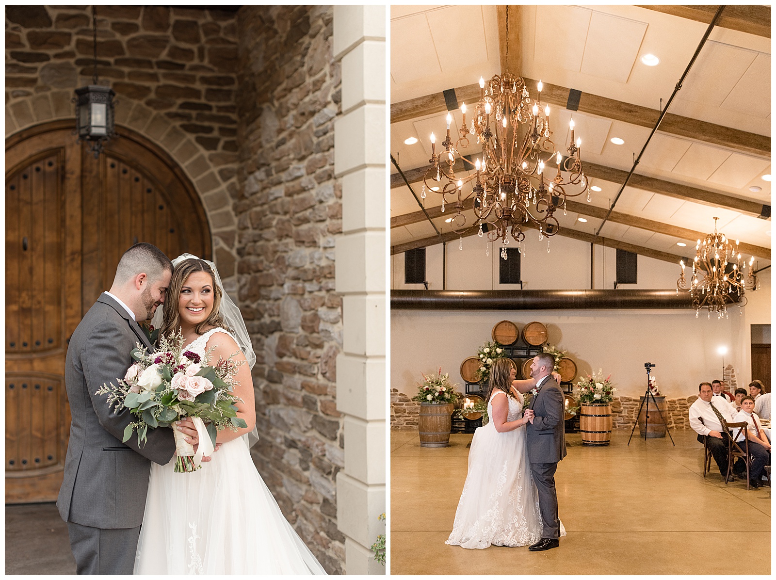 bride and groom sharing their first dance during reception inside lovely barn venue with exposed wooden beams on the ceiling and gorgeous chandelier above them