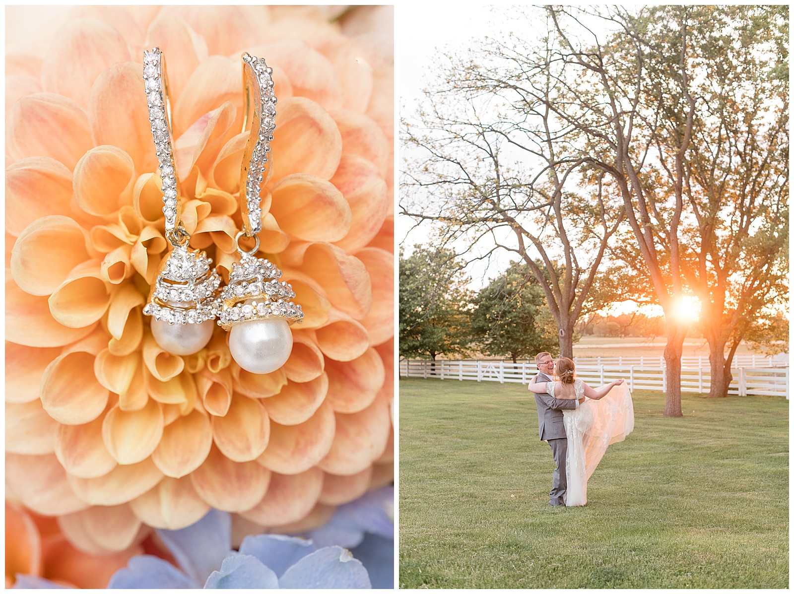 bride's diamond and pearl dangly earrings resting inside bright orange dahlia