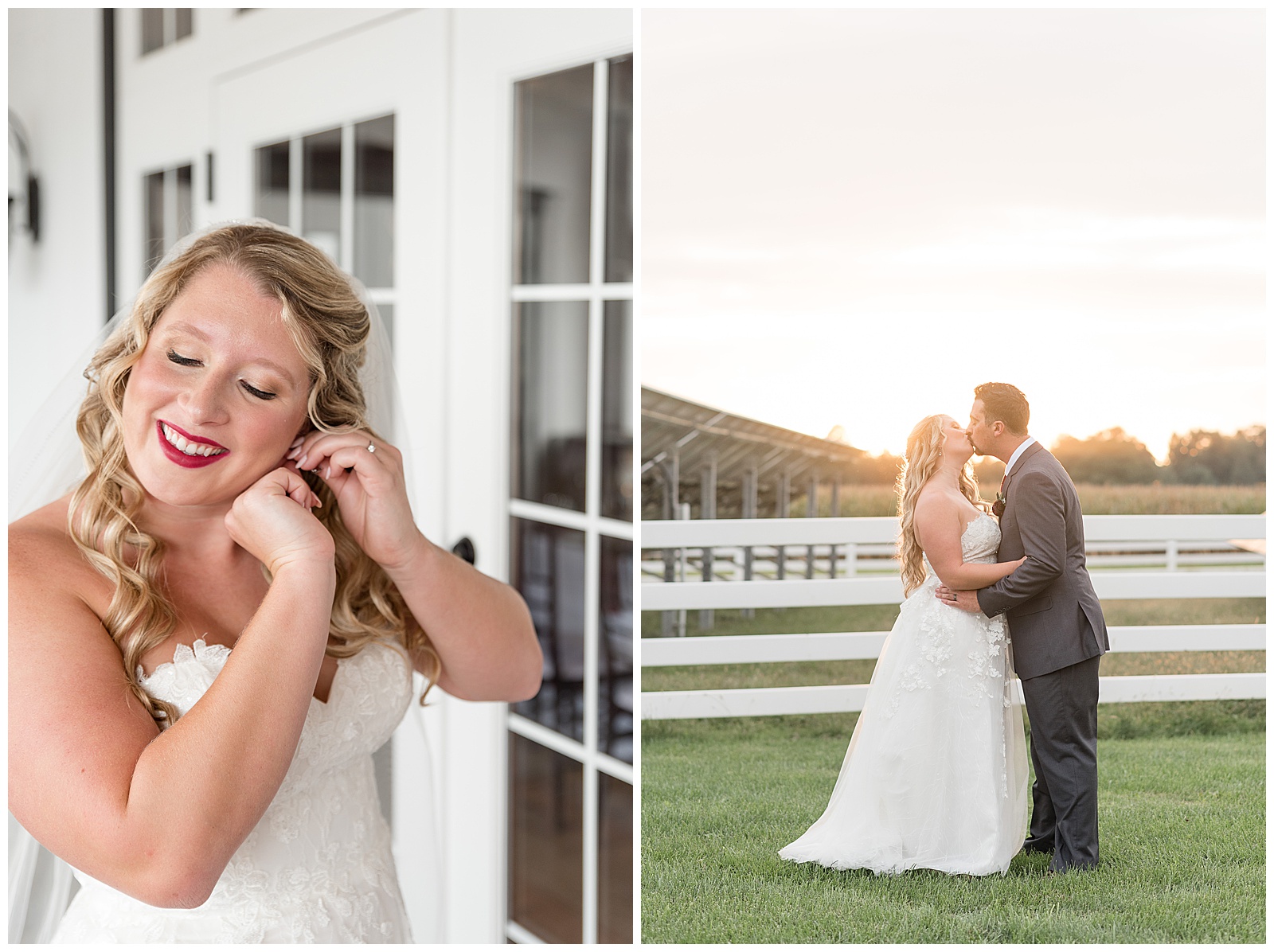 bride and groom kissing with their arms resting on one another in front of white fence with sun setting behind them