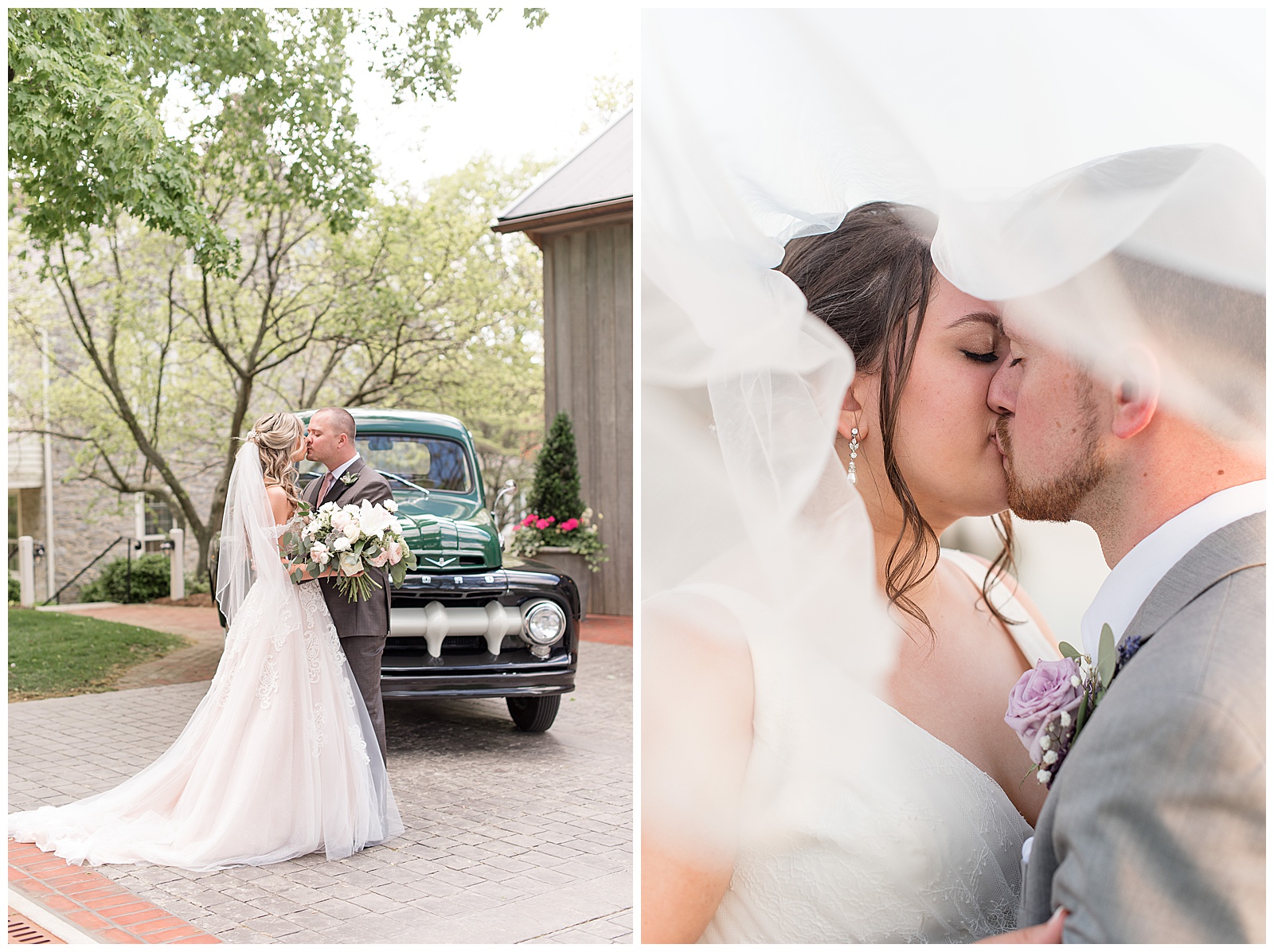 bride and groom kissing and hugging by antique dark green pick-up truck on sunny wedding day
