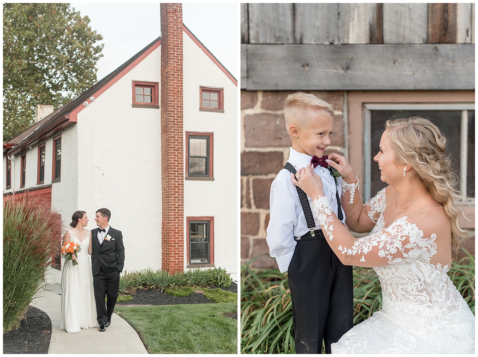 bride adjusts her toddler son's black bowtie as they smile standing beside rustic barn in pennsylvania