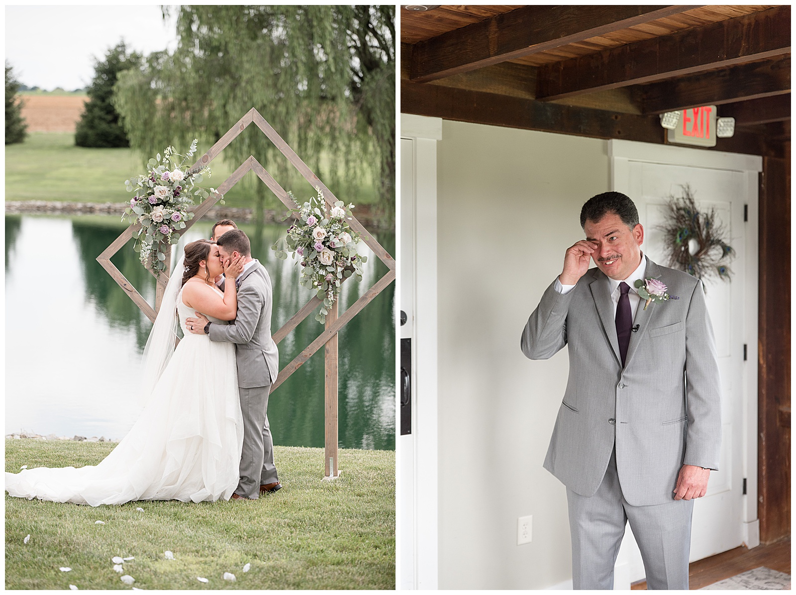 bride and groom kiss during their wedding ceremony with beautiful pond, willow tree, and geometric archway behind them