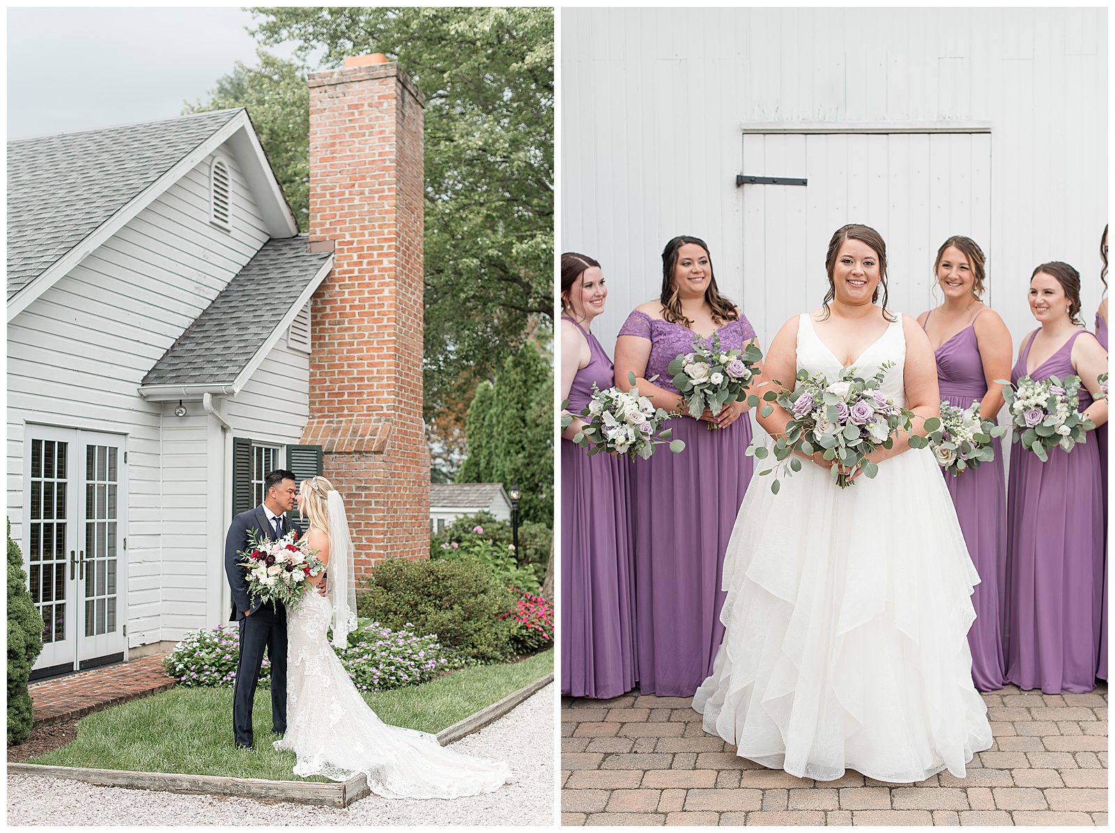 bride standing slightly in front of bridesmaids who are wearing light purple gowns and all holding bouquets by white barn door