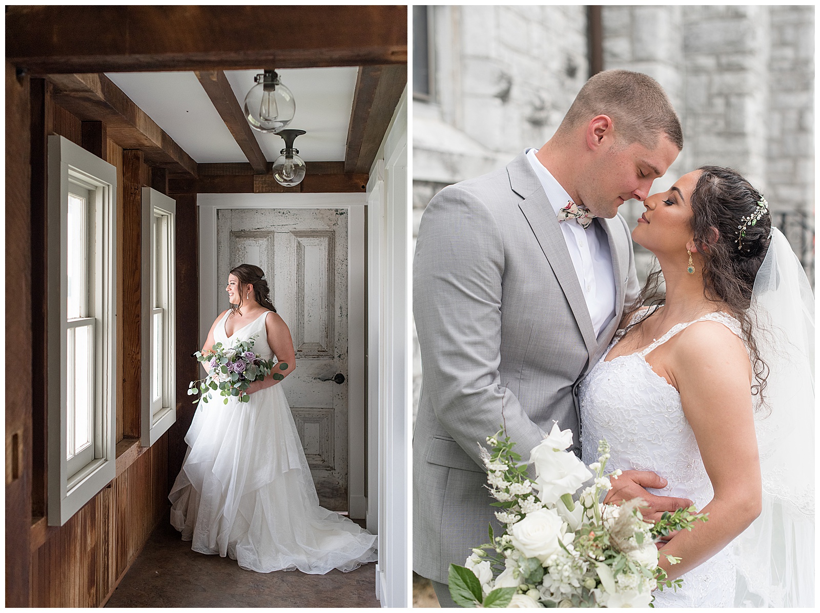 bride holding beautiful bouquet and looking out white window in rustic barn bridal suite in pennsylvania