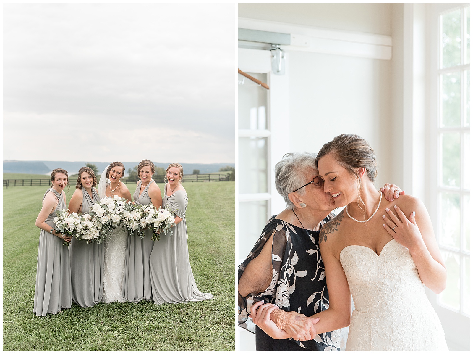 bride's grandma kissing her right cheek as they hold hands inside white bridal suite on wedding day