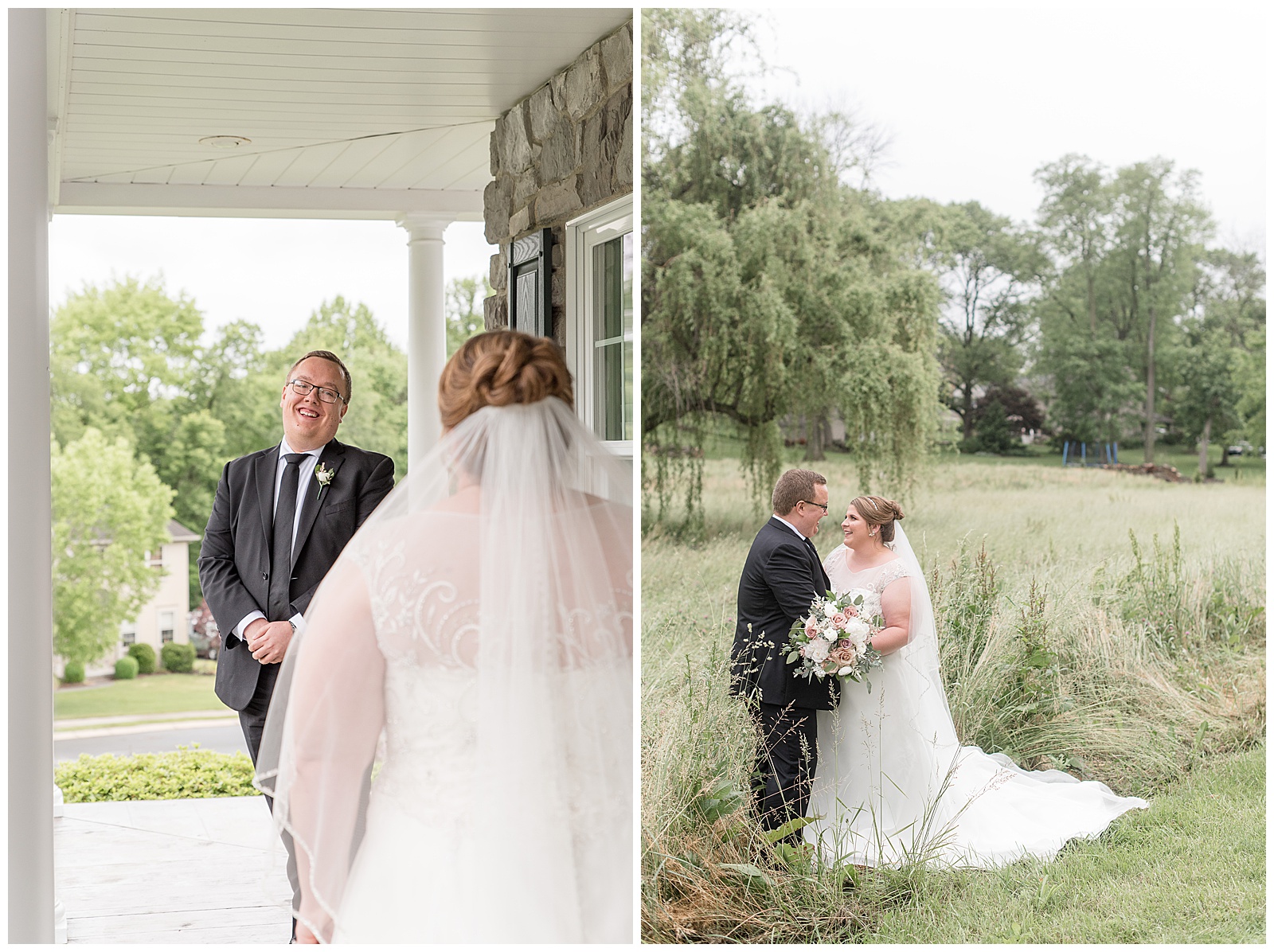groom smiles as he sees his bride for the first time on their wedding day on front porch of lovely home